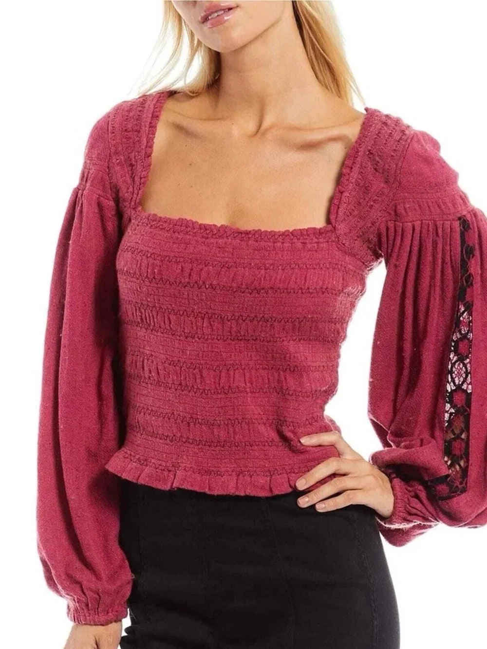 NWT Free People Rose Embroidered Maggie Peasant Sleeve Bohemian Top